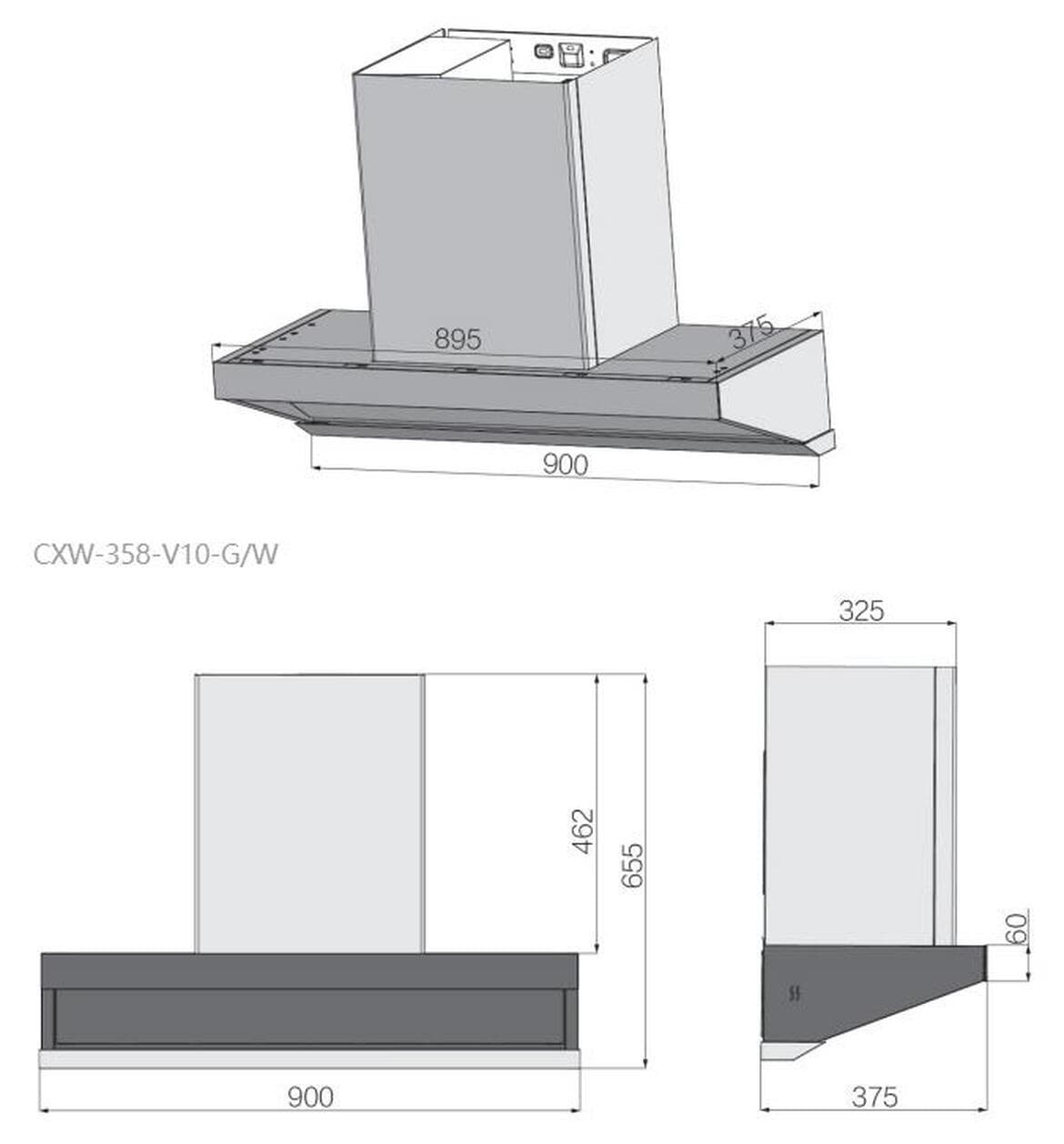 方太 CXW-358-V10 油烟机外形尺寸图(正视、侧视、俯视)